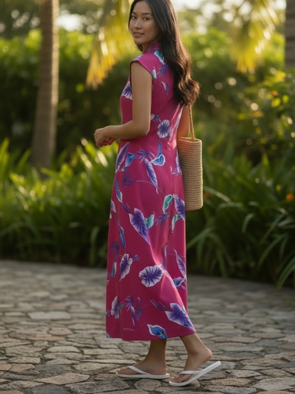 Vintage Hilo Hattie Pink Floral Maxi Dress with Cap Sleeves